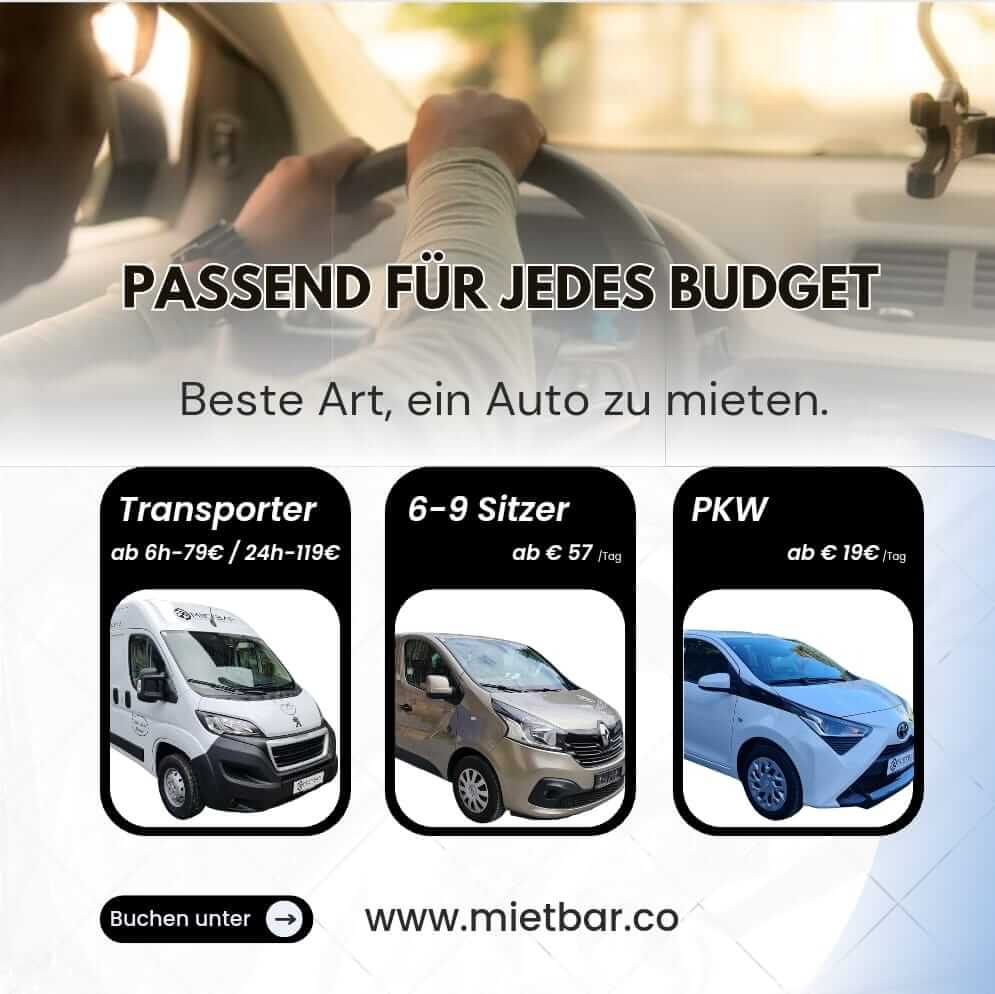 Transporter, Auto und Bus mieten – Unser Angebot bei Mietbar Autovermietung in Dornbirn umfasst verschiedene Fahrzeugtypen wie Transporter, Autos und Busse. Ideal für jede Art von Transportbedarf, sei es für Umzüge, Familienausflüge oder Gruppenreisen. Entdecken Sie unsere vielfältigen Mietmöglichkeiten und finden Sie das passende Fahrzeug für Ihre Bedürfnisse.