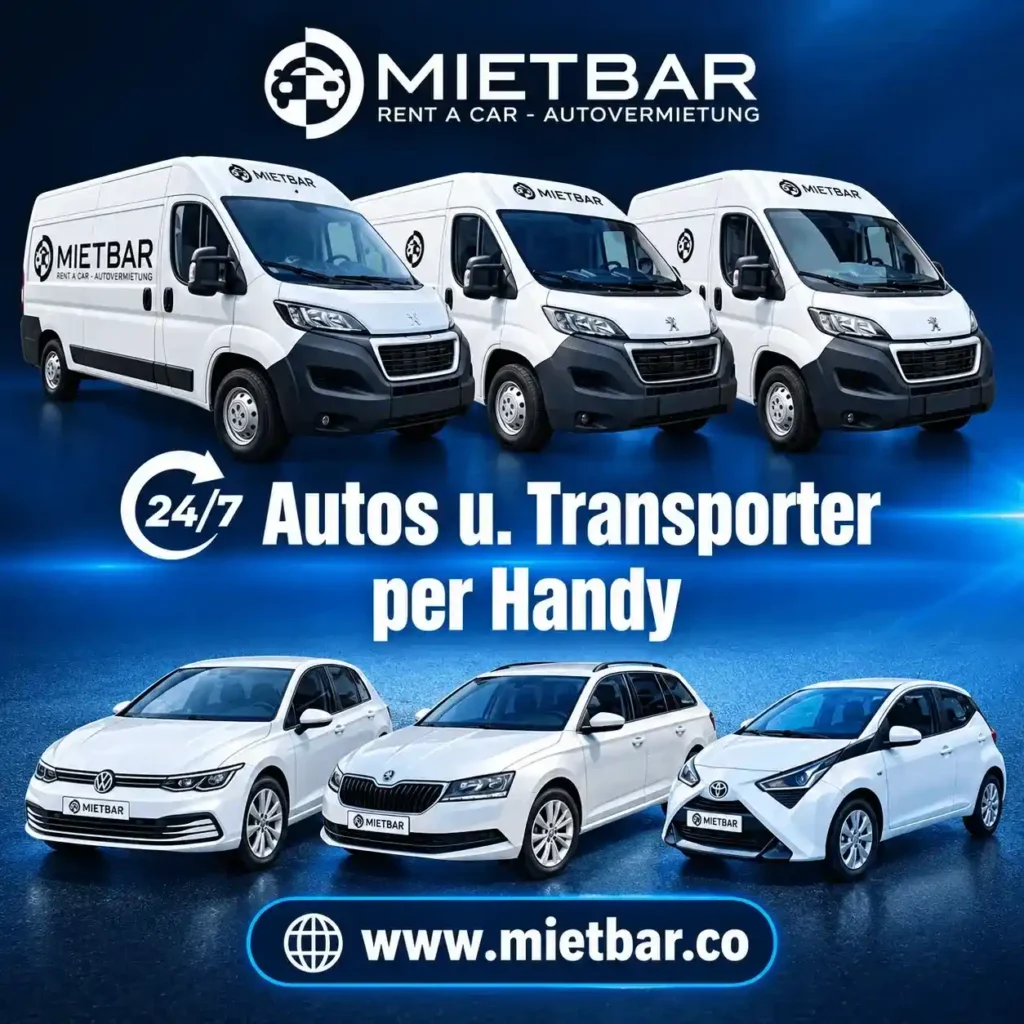 Mietbar Autovermietung: drei Transporter und drei Autos mit Mietbar-Logo, dazu der Text „24/7 Autos u. Transporter per Handy